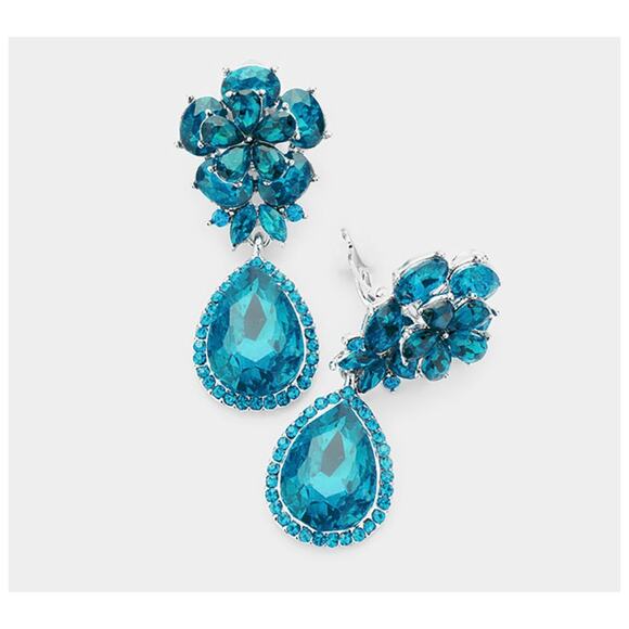 Classy 2" clip on gold turquoise stone flower and teardrop earrings - Picture 3 of 4